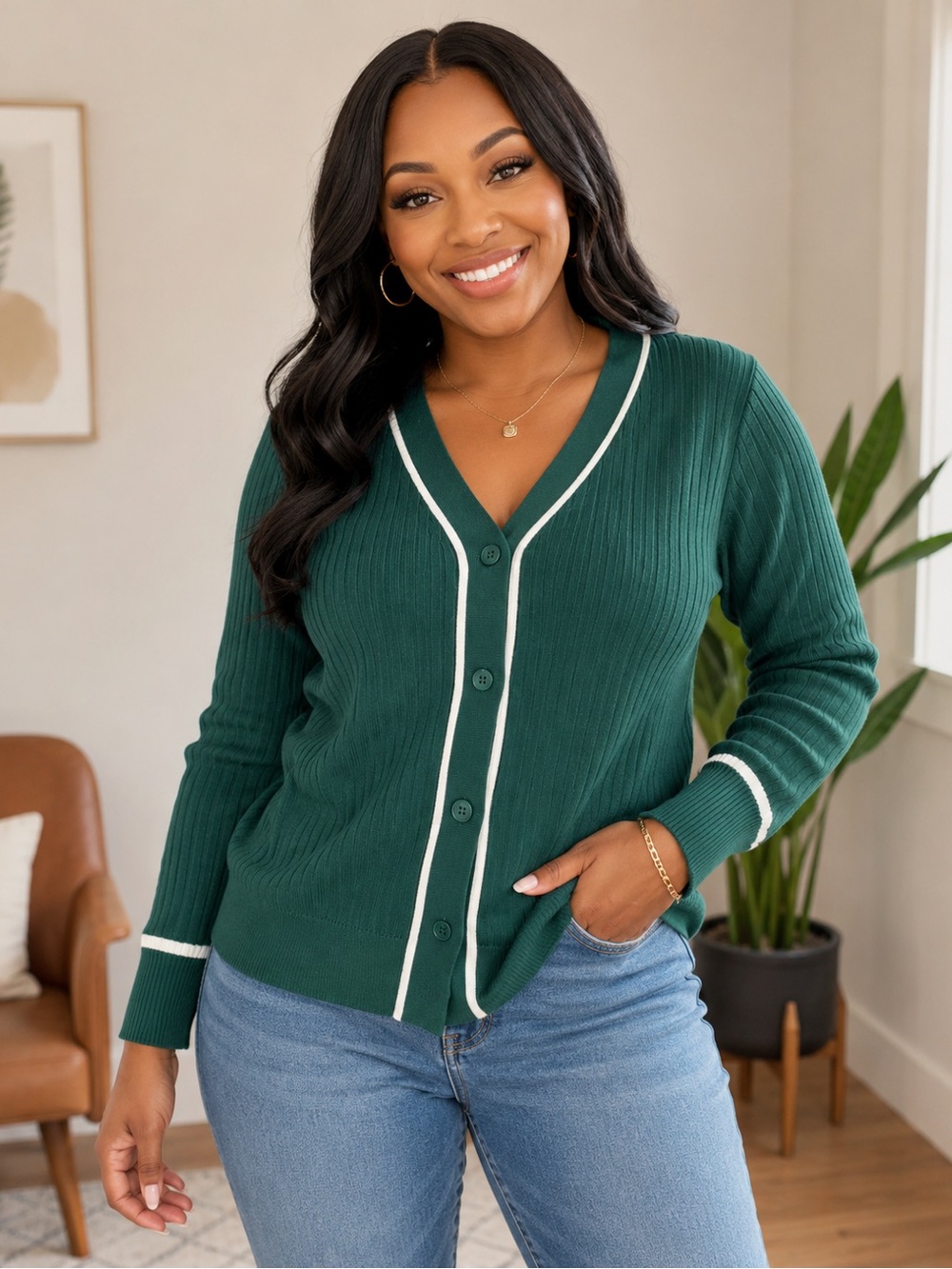 NWT Forest Green V-Neck Button Cardigan Sweater